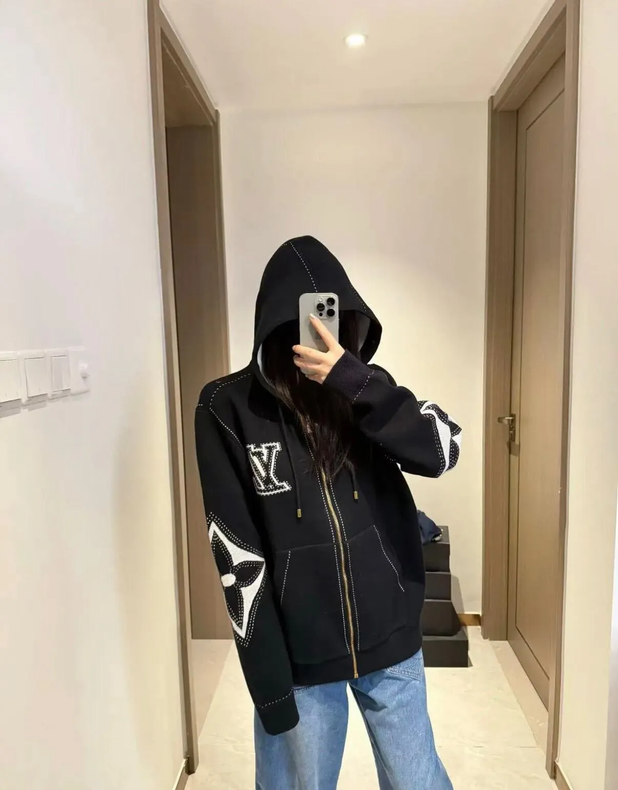 Louis Vuitton/Louis Vuitton intarsia jacquard logo cotton blend hooded jacket